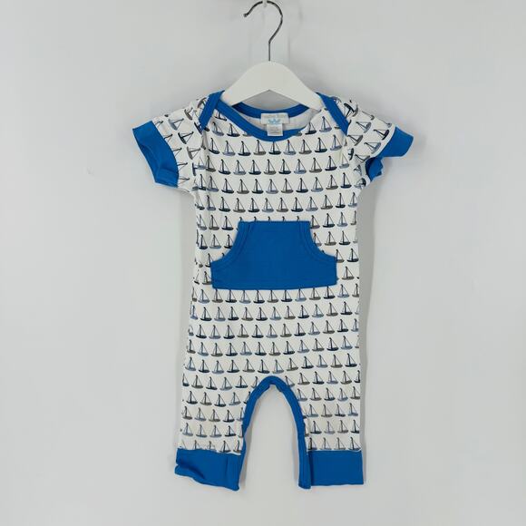 Feather Baby Sailboat Print Romper Blue White 9–12 Months 100% Pima Cotton - Picture 1 of 6